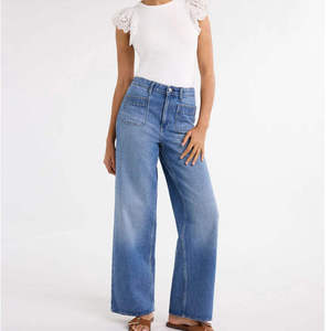 Pantalon en jean ample et droit pour femme, taille mi-haute, décontracté, respirant, écologique, délavage sablé, coupe oversize, long – Vente en gros - Product Image 1