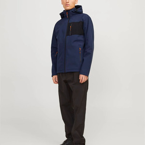Men's <b>Navy</b> <b>Blue</b> Hooded <b>Fleece</b> <b>Jacket</b> With Zipper Closure And Orange Accents Windproof Casual Outdoor Wear - Product Image 5