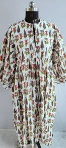 Boho Chic <b>White</b> Hand Block Floral Print Loose Cotton Midi Dress With Tie-Neck Short Sleeve Casual Dress For Women - Product Image 5