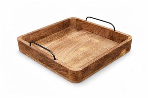 Plateau de service carré en bois massif durable avec poignées en métal, fait main, design minimaliste écologique, motif géométrique/mosaïque - Product Image 4