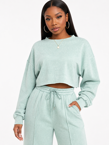 Ensemble de survêtement en molleton délavé à l'acide, comprenant un sweat-shirt court à capuche et un pantalon de survêtement à jambe large, avec logo personnalisé, marque privée, OEM et bordure passepoilée, style athlétique - Product Image 4