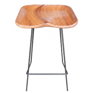 Tabouret de bar artisanal moderne et contemporain en bois de Suar massif, sans dossier, avec base métallique durable et assise courbée – Idéal pour hôtels et bars – Choix de vente en gros - Product Image 2