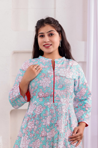 Floral <b>Print</b> Regular Floor-Length Knitted Dress Mandarin Collar Long Sleeve Cotton Ball Gown Formal Eco-Friendly Hand <b>Block</b> - Product Image 2