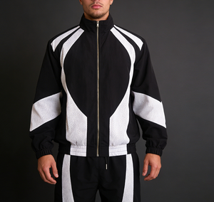 Veste de survêtement homme noire et blanche à blocs de couleur, col montant, fermeture éclair, sportive, respirante, en polyester tricoté, pour l'automne - Product Image 1