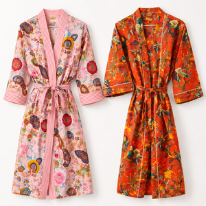 ชุดคลุมผ้าฝ้ายเนื้อนุ่มพิมพ์ลายดอกไม้แขนยาวคลาสสิกสำหรับผู้หญิง ยี่ห้อคิมิโน พร้อมเชือกผูกเอว ความยาวระดับเข่า - Product Image 2