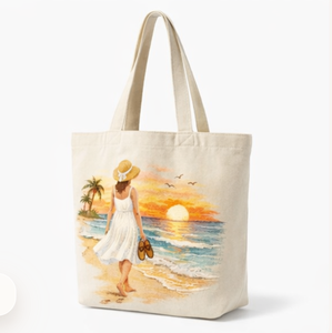 Bolsa de Playa de Lona al por Mayor con Estampado de Mujer al Atardecer, Bolsa de Compras Casual de Gran Tamaño con Asa para el Hombro, para Viajes y Uso en la Playa - Product Image 4
