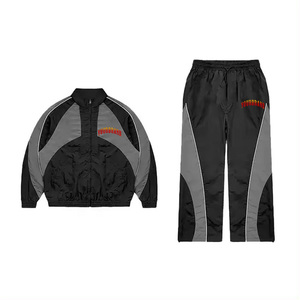 Unisex Black Gray Color Blocking Windbreaker Set Full Sleeve Zipper Closure Sporty Style Breathable Lightweight Autumn Wear - Product Image 1