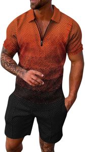 Men's <b>Orange</b> Dot Pattern <b>Polo</b> Knit Short Sleeve Shirt and Shorts Set Breathable Casual Summer Wear - Product Image 2