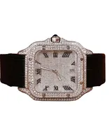 Montre pour homme de luxe classique antique à quartz, édition limitée, sertie de diamants en moissanite VVS, bracelet en cuir noir, cadran romain