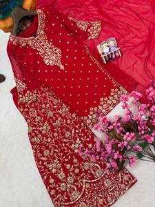 Conjunto de Traje Sharara Bordado para Mujer con Dupatta, Motivo Floral, Atuendo Tradicional de Verano para Bodas y Fiestas - Product Image 5