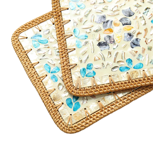 Mother of Pearl Placemat, Shell Inlay Square Charger Plate, Mosaic Rattan <b>Table</b> Mat with Floral Pattern for Fine <b>Dining</b> & Decor - Product Image 3