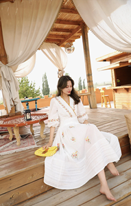 <b>White</b> Embroidered Cotton Midi Dress Flattering V-neckline and puffed Mid-Length Sleeves Floral Embroidery Long Dress - Product Image 6
