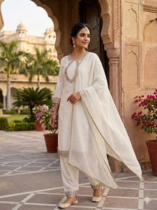 White Embroidered Salwar Kameez Set with Palazzo and Dupatta for Women - Product Image 5