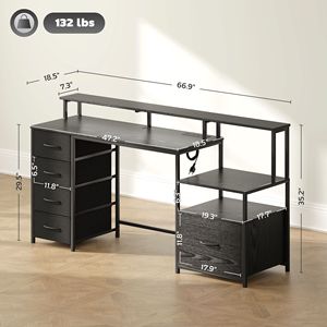 67\" Black Computer Desk with <b>Power</b> Outlets LED Lights <b>File</b> Cabinet Fabric Drawers Bookshelf - Product Image 3