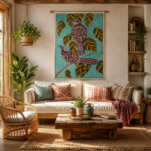 Bohemian Tapestry Kashmiri Aari Hand Embroidery Colorful Birds Design <b>Wall</b> <b>Decor</b> Indoor Use Sustainable Durable Dry Clean - Product Image 3