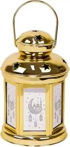 Lanterne dorée artisanale de forme hexagonale avec panneau en verre bleu, cadre géométrique à découpes florales, pour bougie chauffe-plat, éclairage d'ambiance chaleureux - Product Image 3