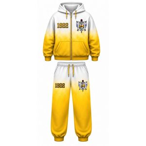 ชุดวอร์มสองชิ้นลายมัดย้อมสำหรับผู้หญิง Sigma Gamma Rho สีขาวทอง เสื้อฮู้ดดี้โอเวอร์ไซส์ กางเกงวอร์ม ชุดลำลองแฟชั่นแบบกำหนดเองสำหรับชมรมนักศึกษากรีก - Product Image 1