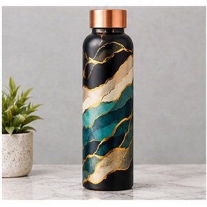 Bouteille d'eau en cuivre à motif géométrique moderne avec couvercle en cuivre, vaisselle de voyage portable - Product Image 1