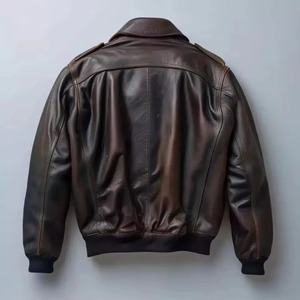 Blouson aviateur en cuir marron pour homme, col rabattu, fermeture éclair, couleur unie, coupe classique, pour l'automne - Product Image 2