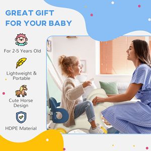 Cavallo a dondolo 4-in-1 per bambini da 2 a 5 anni con maniglia di spinta rimovibile e tavola di equilibrio, bici senza pedali blu per bambini - Product Image 6
