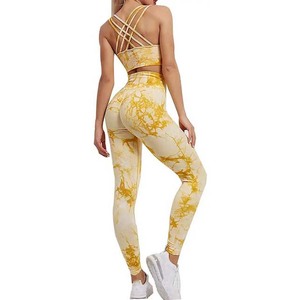 Ensemble de yoga 2 pièces : Crop top dos nageur tie-dye jaune et leggings taille haute, sans couture, extensible dans les quatre sens, en Spandex et Polyester - Product Image 1