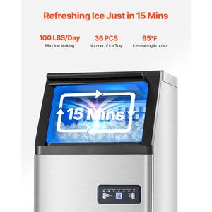 Macchina per il Ghiaccio Professionale da Cucina, Produzione 100 libbre/24H, Capacità di Stoccaggio 16 libbre, 36 Cubetti di Ghiaccio, 15 Minuti di Produzione, Display Digitale LED - Product Image 2