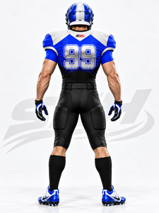 Uniforme de football américain personnalisé bleu royal et noir pour hommes, maillot respirant à col en V avec pantalon rembourré renforcé, personnalisable pour équipe - Product Image 6