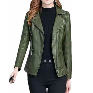 Veste de moto en cuir PU vert olive pour femme, col rabattu, fermeture éclair, manches longues, manteau Moto d'automne - Product Image 1