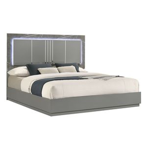 Elara Queen <b>Bed</b> with <b>LED</b> Lighting Two Tone High Gloss Marble Lacquer Finish Metal Legs in Gray Up-Holstered <b>Bed</b> CA Inventory - Product Image 1