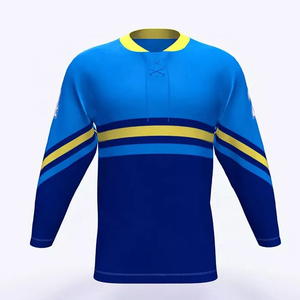 เสื้อฮอกกี้น้ำแข็งผู้ชายแบบกำหนดเอง สีน้ำเงินลายทางสีเหลือง แขนยาว ผ้าโพลีเอสเตอร์ดูดซับความชื้น ทรงปกติ ใส่ได้ทุกฤดู - Product Image 1