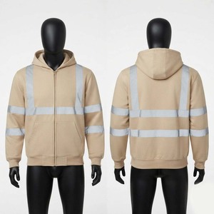 Chaqueta de Trabajo Premium con Capucha, 330 GSM, 100% Algodón, Transpirable, Impermeable, con Cierre, Color Beige, Paneles con Cinta Reflectante, Personalizable - Product Image 1