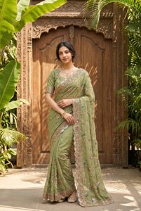 Sari de Diseño para Mujer en Verde Oliva con Bordado |   Sari Floral Premium para Fiestas y Bodas con Blusa a Juego - Product Image 1
