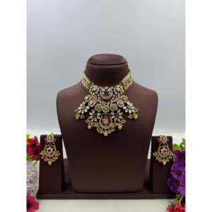 Indian Ethnic Dipali Pachi Kundan Brass Gold Plated Zircon Bridal Choker Set with Ring for Wedding - Product Image 2