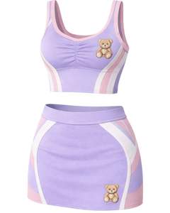 ชุดเซ็ตทูพีซสำหรับผู้หญิง ลายพิมพ์เท็ดดี้ สีม่วงลาเวนเดอร์ เสื้อครอปแขนกุด คอกว้าง กระโปรงมินิเอวสูง ทรงเข้ารูป เหมาะสำหรับใส่ในฤดูร้อน - Product Image 1