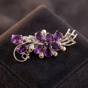 Women's Purple Oval Amethyst Stone Brooch Silver Tone Flower Leaf Pin Faceted Jewelry <b>Accessory</b> for Party <b>Wedding</b> Garment - Product Image 3