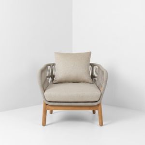 Sofá de jardín de madera de teca contemporáneo, sillón tipo barril costero con cojín de cordón tejido para hoteles de lujo, villas y suministro a contratos. - Product Image 2