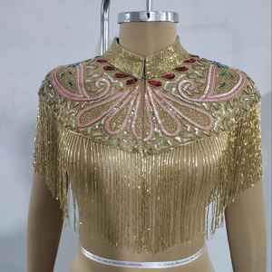 Blouse de luxe dorée brodée à la main avec franges perlées, col à sequins et pompons, idéale pour les mariages et les spectacles - Product Image 1