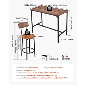 5PCS 47\" Rectangular Walnut Color <b>Bar</b> Table Set Four <b>Black</b> <b>Stools</b> Rounded Edge Design for Living Dining Kitchen Pub Furniture - Product Image 3