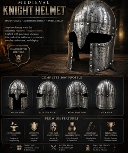Casque de Chevalier Médiéval en Alliage de Zinc, Style Croisé, Forme Ronde, Antique, Plaqué Argent, Noir, Décoratif, Portable, pour Collection - Product Image 5