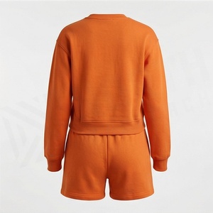 Ensemble 2 pièces en molleton orange pour femme : Sweat-shirt à col rond et manches longues coupe ample et short au-dessus du genou, couleur unie, style décontracté - Product Image 2