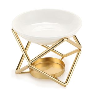 Brûleur de cire moderne en métal doré avec bol en céramique, support géométrique pour bougie chauffe-plat, diffuseur d'huiles essentielles pour aromathérapie, décoration d'intérieur - Product Image 1