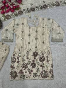 Ensemble Sharara en Georgette Crème Brodé, Tenue de Mariage Indienne et Pakistanaise pour Femme avec Dupatta, Robe de Soirée - Product Image 5