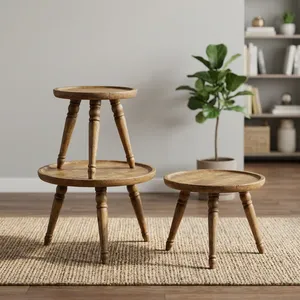Rustic Wood <b>Nesting</b> Coffee <b>Tables</b> Round Tiered Living Room Furniture With Turned Legs Natural Finish - Product Image 4