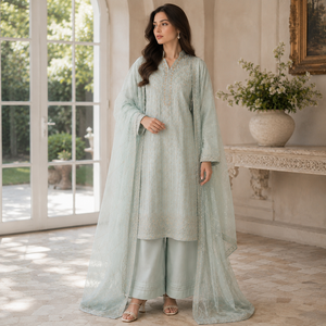 Women's <b>Mint</b> Green Premium Chiffon Formal 3-Piece Salwar Kameez Set Hand Embellishment Wrinkle-Free All Seasons Pakistan Indian - Product Image 6