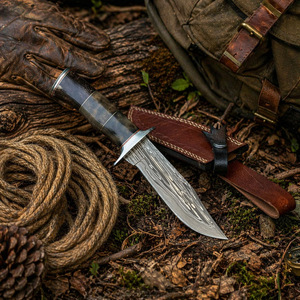 Handmade Camping <b>Knife</b> with Drop Point Blade and Straight Edge in Damascus Steel <b>Bone</b> <b>Handle</b> with Leather Sheath - Product Image 5