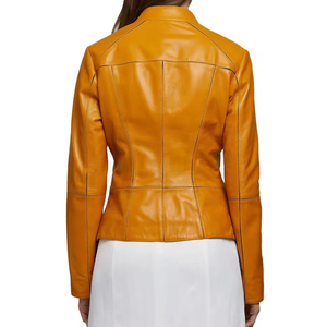 Women's Genuine Leather Moto <b>Jacket</b> Stand Collar Full Sleeve Zipper Closure Autumn Solid Color <b>Biker</b> <b>Jacket</b> Short Length - Product Image 2