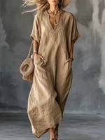 Robe Kaftan en Lin et Coton pour Femme, Col en V, Bordure en Dentelle, Coupe Ample, Longue, avec Poches, Tenue Décontractée et de Loisirs