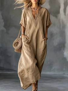 Vestido Kaftan de Lino y Algodón para Mujer, Cuello en V, Adorno de Encaje, Corte Holgado, Vestido Largo con Bolsillos, Ropa Casual de Ocio - Product Image 4