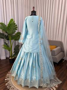 Lehenga Choli brodé bleu ciel de créateur pour femme, tenue de soirée pakistanaise moderne d'hiver, Salwar Kameez Dupatta lourd pour mariage et fêtes - Product Image 3