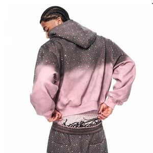 Sudadera con capucha para hombre, de algodón 100%, con cremallera, estilo urbano, con efecto desgastado y rotos, color rosa, con pedrería, OEM ODM - Product Image 2